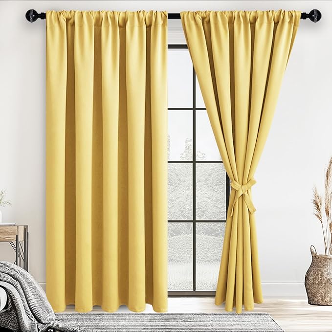 JIUZHEN Blackout Curtains for Bedroom - 60 Inch Extra Wide Thermal Insulated Room Darkening Privacy Soundproof Curtains for Living Room/Dorm Room, Set of 2 Panels, 60 x 84 inches,Light Yellow