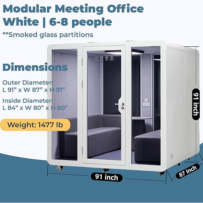 Office Pod, Sound Pod, Large Space SoundProof Office Pod for 8 People, Sound Booth Mobile Roller, LED Lighting, Centrifugal Fans and AC USB Ports X Large for 8 Persons White/Smoked Glass