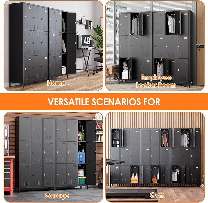 Aobabo New 9 Doors Metal Storage Locker for Employees, Lockable Steel Locker with Name Card Slot and 27 Hooks for School Office Gym Garage, Black, Assembly Required