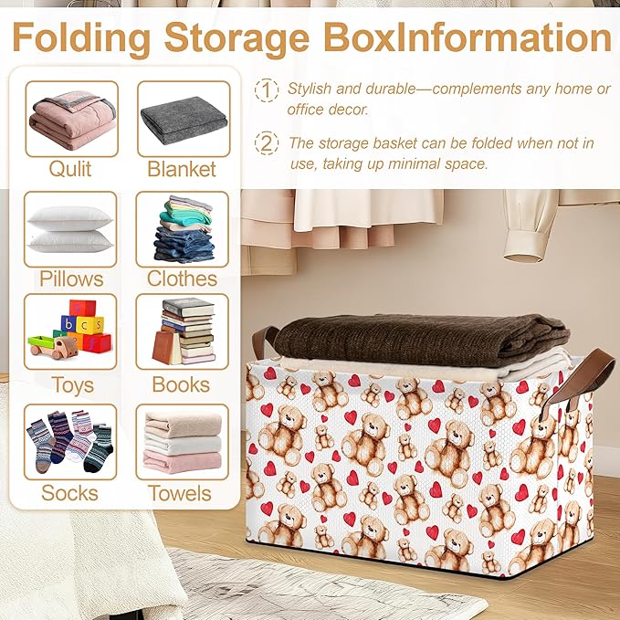 Bear Heart Storage Bin with Handles, Valentines Love Basket Storage Organizer for Shelves, Closet, Nursery, Book, Laundry Hamper & Home Decor