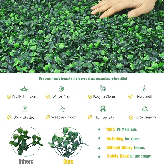 20''x20'' 24 Pieces (66.6 Sq.Ft) Artificial Hedge Boxwood Panels UV Protected Faux Topiary Grass Wall Panels Green Greenery Hedge Plants Backdrop for Indoor Outdoor Garden Backyard Patio