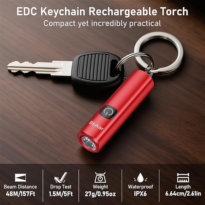 Blukar Rechargeable EDC Flashlight, Mini Keychain Flash Light with 3 Lighting Modes, Memory Function, Waterproof, Compact and Portable Pocket Light for Everyday Carry, Emergency,Camping-Red