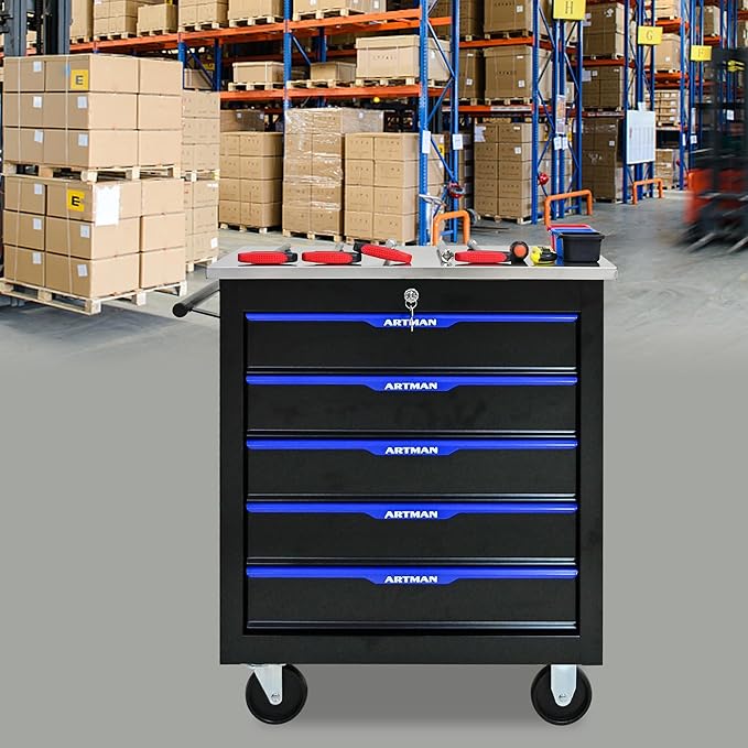5-Drawer Heavy-Duty Rolling Steel Tool Cart with Handle&Wheels, Metal Storage Organizer Cabinet, Tool Chest for Efficient Tool Storage in Garage, Warehouse, Workshop, Repair Shop, Blue