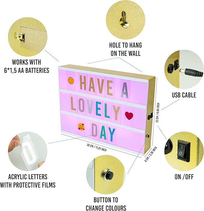 BONNYCO Cinema Light Box A4 Shiny Gold 16 Colors with 400 Letters, Emojis, 10 Premium Cards, Remote Control and 2 Markers. Led Light Up Sign, Novelty Gifts for Women. Gifts for Girls Christmas