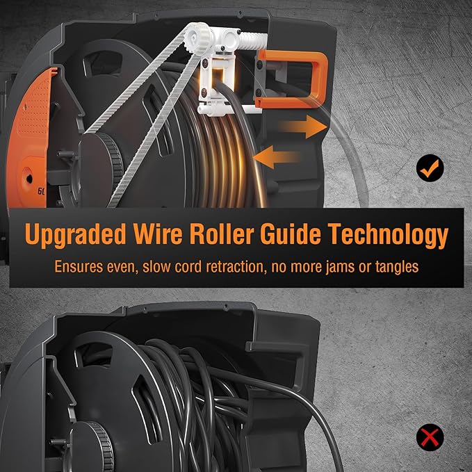 SURAIELEC 12 Gauge Extension Cord Reel, 60 FT Retractable Extension Cord, 12 AWG/3C SJTOW Heavy Duty Power Cord, 13 AMP Circuit Breaker, Lighted Triple Tap, Ceiling or Wall Mount, ETL Listed, Orange