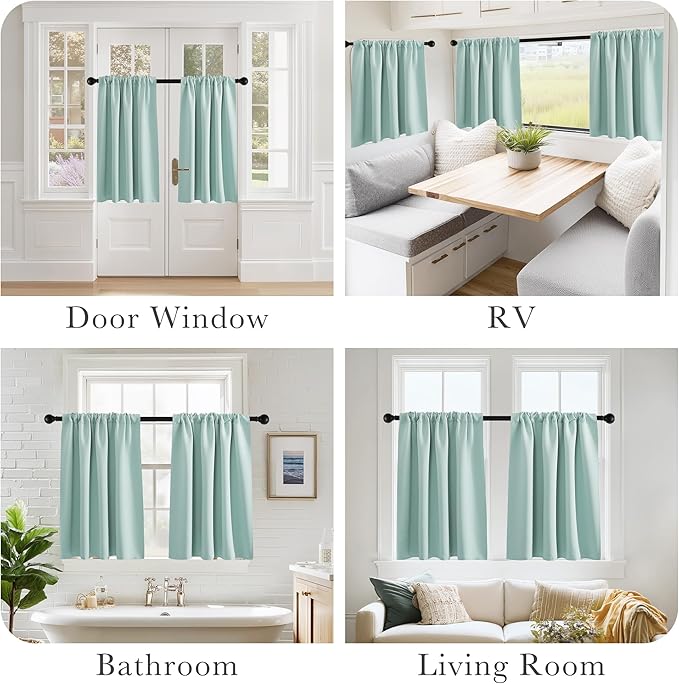 PONY DANCE Aqua Blue Small Window Curtains for Kitchen Over Sink 24 inch Length, Black Out Camper Curtains for RV, Thermal Insulated Rod Pocket Short Drapes, W 29 x L 24 inches,2 Panels