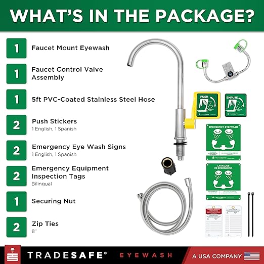 TRADESAFE Faucet Mount Eye Wash Station OSHA Approved - Emergency Eye Wash Station, Eyewash Station with Faucet, Eye Wash Station for Sink Faucet, Eye Wash Sign Included, ANSI Compliant