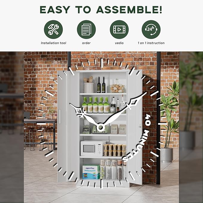 Greenvelly Metal Storage Cabinet, 72" Locking Metal Garage Storage Cabinet with Doors and 4 Adjustable Shelves, White Lockable Steel Cabinet for Home Office, Garage, Shop, School (32" W x 16" D)