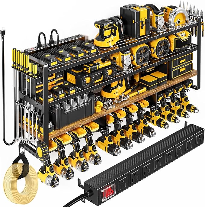 49.5" W Large Power Tool Organizer with Charging Station, 4 Layer Heavy Duty Utility Rack Loads 800lbs, Holds 8 Cordless Drills, Wall Mount Tool Shelf with 8-Outlet Power Strip, Gift for Men