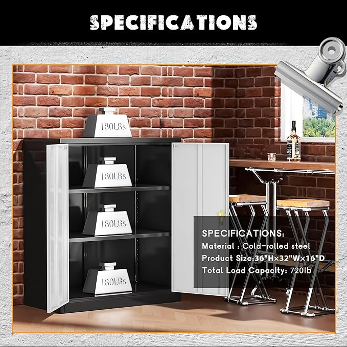 Greenvelly Metal Storage Cabinet,36" Lockable Storage Cabinet with Doors and Adjustable Shelves, Steel File Cabinet with Lock for Garage,Home,School,Pantry(Black Grey)