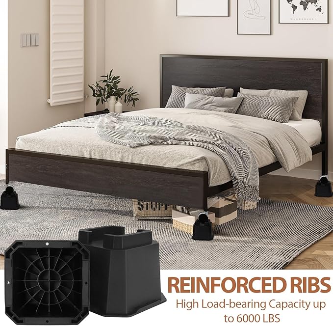 shouwuhho Bed Risers 4 inch, Furniture Risers Elevation in Heights 4 Inch Heavy Duty, Bed Lift Risers for Caster Wheels or Posts of Bed Table Couch, Support up to 6000 lbs, Black, 6 Pack