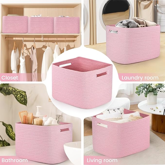 3 Pack Shelf Woven Storage Basket, 15 x 10 x 9” Closet Rope Baskets For Organizing, Square Bins with Handles, Pink