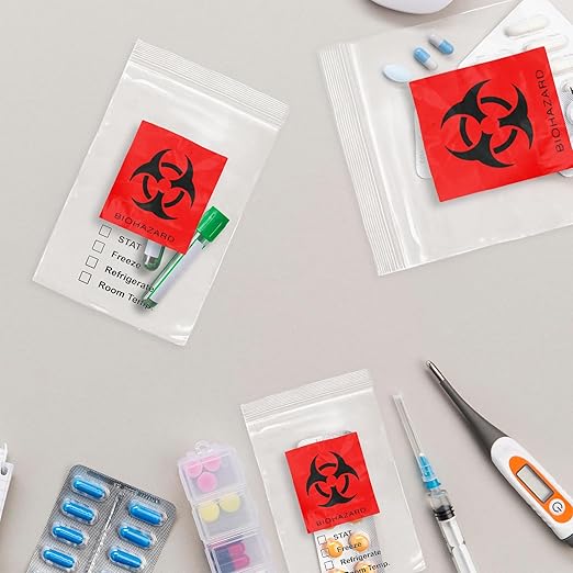 APQ Biohazard Specimen Bags 8 x 10 Inches. Pack of 100 Clear and Red Specimen Biohazard Bag. 3 Wall Waterproof Biohazard Specimen Bag. 2 Mil Thick Durable Biohazard Specimen Transport Bag with Zipper