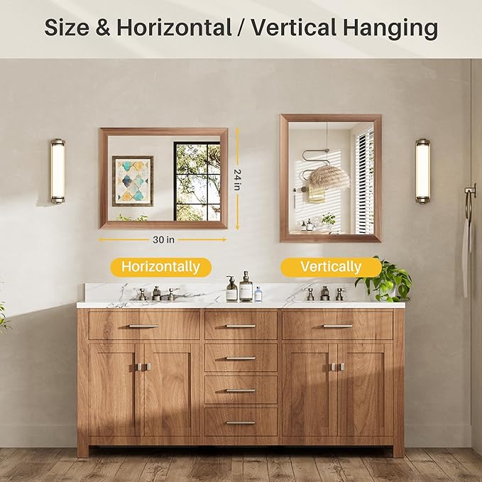 24x30 Inch Bathroom Mirror for Wall, Anti-Rust Walnut Wood Grain Metal Framed Bathroom Mirrors for Over Sink,Rectangler Mirrors for Bathroom Vanity, Farmhouse, Bedroom, Living Room, Entryway Decor