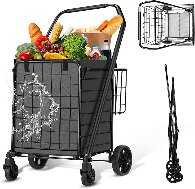 HABUTWAY Grocery Cart on Wheels for Groceries, Folding Shopping Carts with Liner, 110LBS Large Capacity Jumbo Grocery Cart with Dual Basket, 360° Rolling Laundry Cart, Lightweight Trolley for Senior