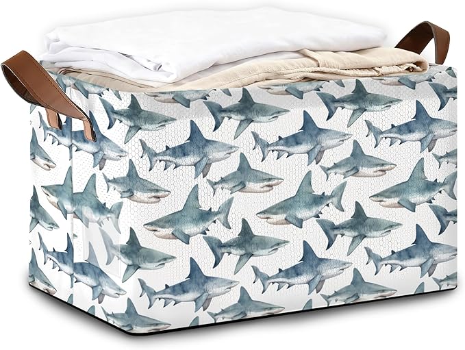 Sharks Storage Bin with Handles, Basket Storage Organizer for Shelves, Closet, Nursery, Book, Laundry Hamper & Home Decor