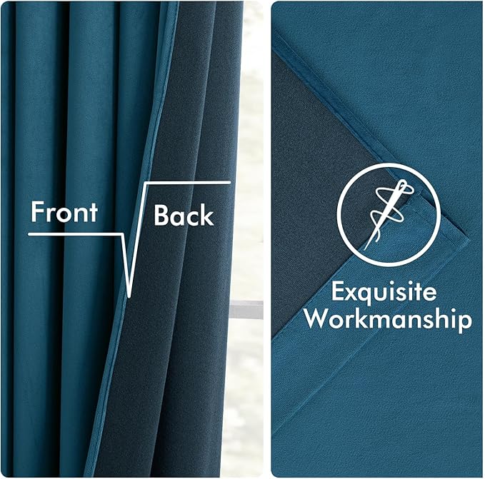 MIULEE Velvet Curtains 108 Inch Length 2 Panels Set for Bedroom, Pinch Pleat Back Tab Luxury Thermal Insulated Living Room Darkening Pleated Blackout Extra Long Window Curtain with Hooks, Peacock Blue