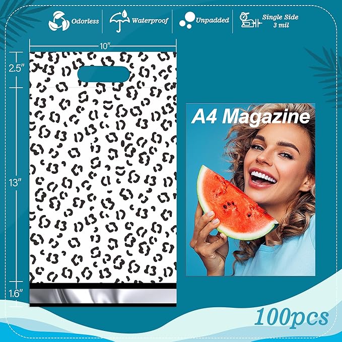 JinRuiKJ Poly Mailers with Handle 10x13 Inch 100 Pcs, Easy to Carry Packaging Bags for Small Business, Thank You Shipping Bags with Self Adhesive Strip, Tearproof and Waterproof - Black leopard