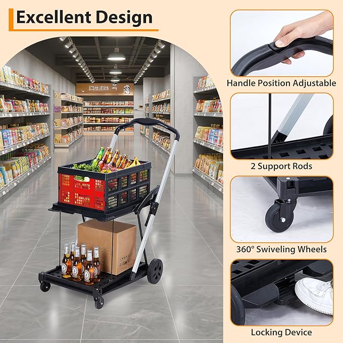2-Tier Collapsible Shopping Cart, Foldable Grocery Cart with 198 lb Capacity, Wheels & Removable Crate, Portable Utility Trolley for Home, Groceries, Supermarket, Mall, Market, Red