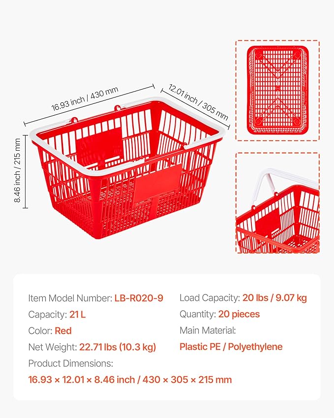 VEVOR Shopping Baskets, 20 PCS, 21L Stackable PE Plastic Grocery Baskets with Handles, Dense Mesh Structure, Holds up to 20 lbs, Portable for Grocery, Retail, Stores, Supermarket, Home Use, Red