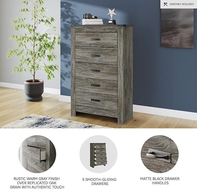 Signature Design by Ashley Frandern Vintage 5-Drawer Chest with Easy Glide and Safety Stop for Bedroom, Gray