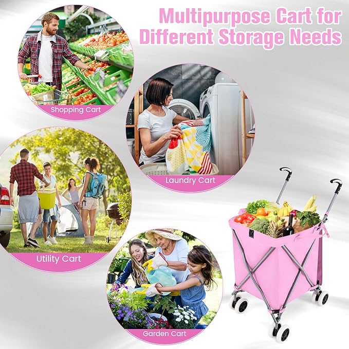 GOFLAME Folding Shopping Cart on Wheels, Waterproof Grocery Cart with Removable Cover and 360° Swiveling Wheels, Collapsible Utility Cart for Groceries and Laundry, 120LBS Load Capacity, Pink