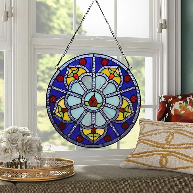 Stained Glass Window Hanging Tiffany Plant Style Blue Flower Suncatcher 12" Roud Wall Decor Art Panel Include 20" Chain and Hooks Perfect Christma Housewarming Gift