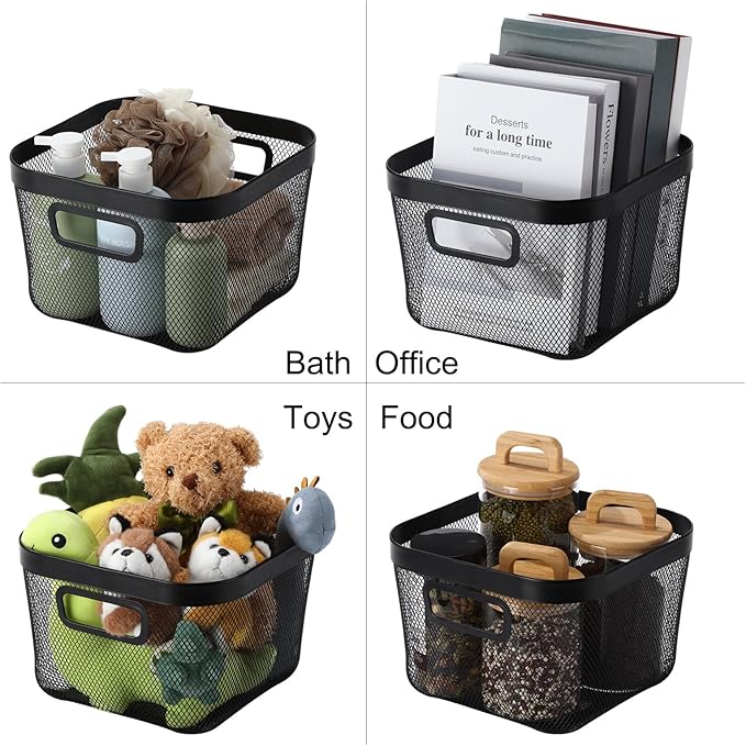 6 Pack Metal Mesh Basket with Hollow Handles Black Wire Storage Bin for Organizing Stackable Metal Fine Mesh Basket for Pantry Bathroom Kitchen Cabinets Shelves
