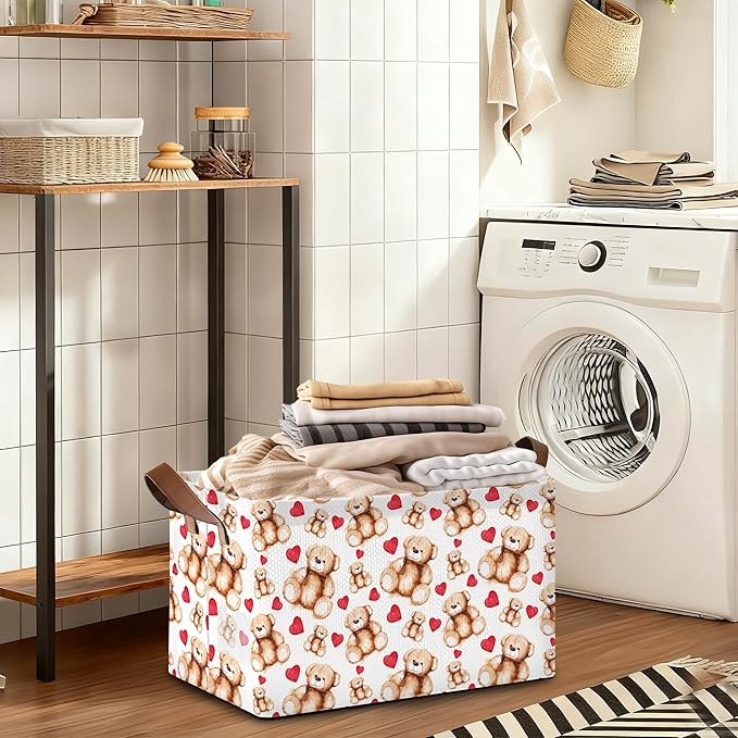 Bear Heart Storage Bin with Handles, Valentines Love Basket Storage Organizer for Shelves, Closet, Nursery, Book, Laundry Hamper & Home Decor
