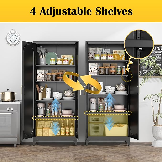 Kitchen Pantry Cabinet,75 Inch Black Metal Storage Cabinet with Door and Adjustable, Tall Pantry Cabinets for Kitchen Storage,Cupboard for Living Room,Dining Room and Bathroom