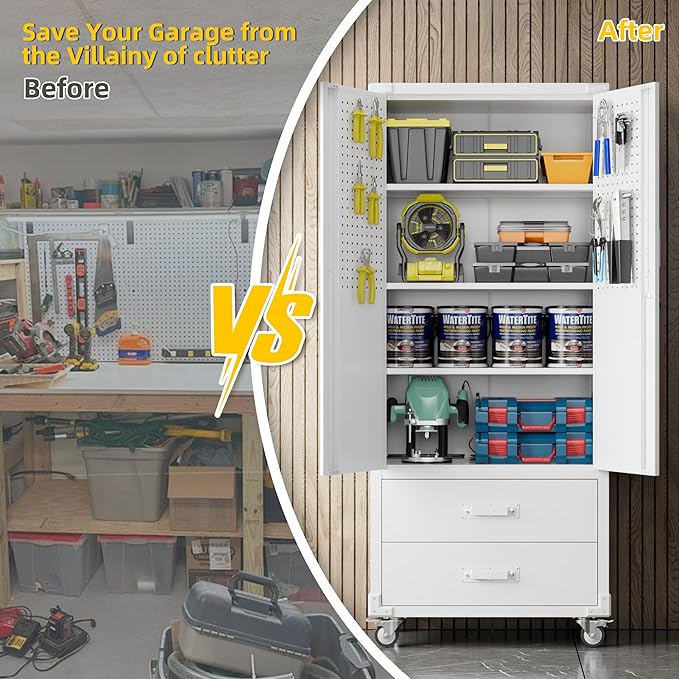 Garage Storage Cabinet with 2 Drawers and Pegboard, Metal Storage Cabinet with 2 Lockable Doors for Garage Home Office,Required Assembly,White,71.2" H*15.2" D*30" W