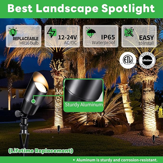 Low Voltage Spotlight, Black Outdoor LED Landscape Light, 12V Waterproof Aluminum Uplight for House Tree Yard Without MR16 Bulb