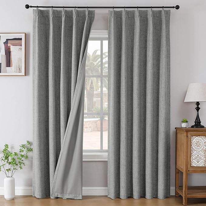 Joydeco Pinch Pleated Curtains - 100% Blackout for Bedroom, Light Grey Linen Curtains 40" W x 84" L, Thermal Insulated 2 Panels Light Blocking Drapes, Back Tabs for Living Room