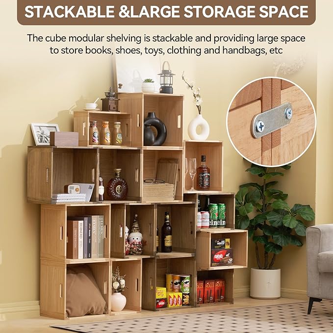 KIRIGEN Stackable Wood Storage Cube /Basket/ Bins Organizer for Home Books Clothes Toy - Modular Open Cubby Storage System - Office Bookcase shelves C15-NA