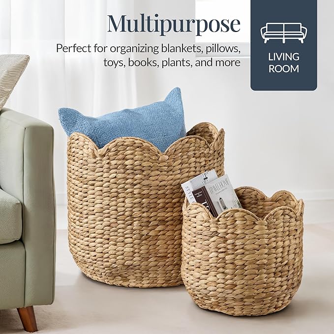 Best Choice Products 3pc Water Hyacinth Scalloped Multipurpose Nesting Baskets, Storage Bin Organization Totes for Living Room, Bedroom, Nursery, Laundry Room - Natural