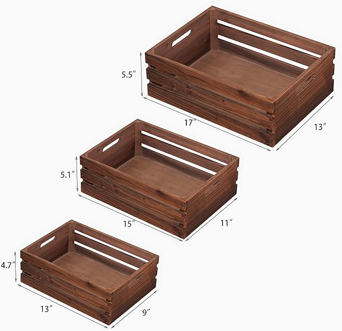 Wood Crates For Storage,Decorative Vintage Brown Wooden Crates For Display,Handmade Solid Wood Boxes,Set Of 3 Rustic Black Wooden Crate. (vintage brown)