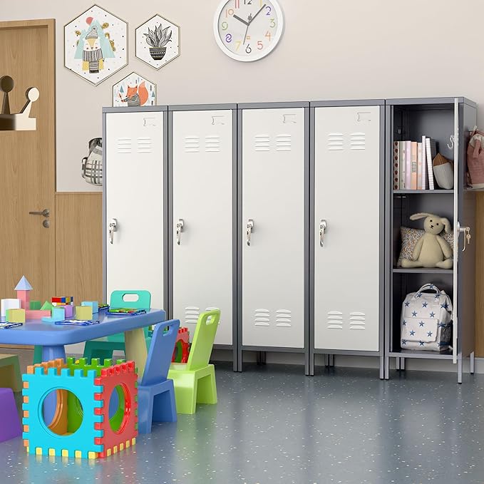 Aobabo Metal Locker, 54" H Metal Storage Locker for Employees, Lockable 1 Door with Towel Rack and 2 Side Pegboards with Hooks for Home School Office Gym, Assembly Required (Gray White)