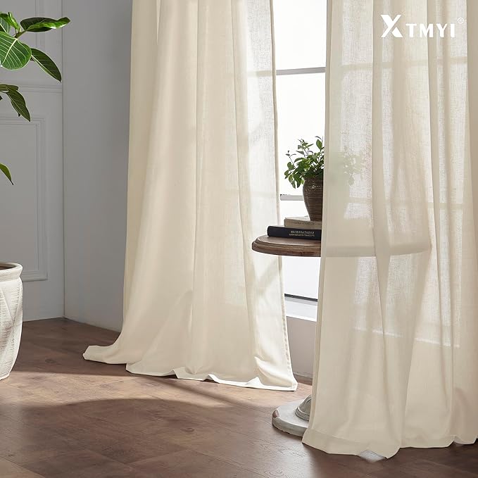 XTMYI Tan Beige Curtains 84 Inches Long for Living Room,Sheer Linen Hooks Pleated Back Tab Light Filtering Semi Opaque Curtains for Bedroom,Set of 2 Panels