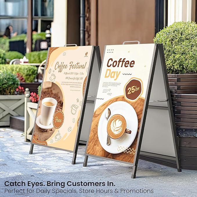 2 Pack A Frame Sign Holder 24x36 Inch, Double-Sided Folding Sandwich Board with Handle, Heavy Duty Metal Sidewalk Sign for Outdoor Business Advertising, Includes 4 Plastic Boards