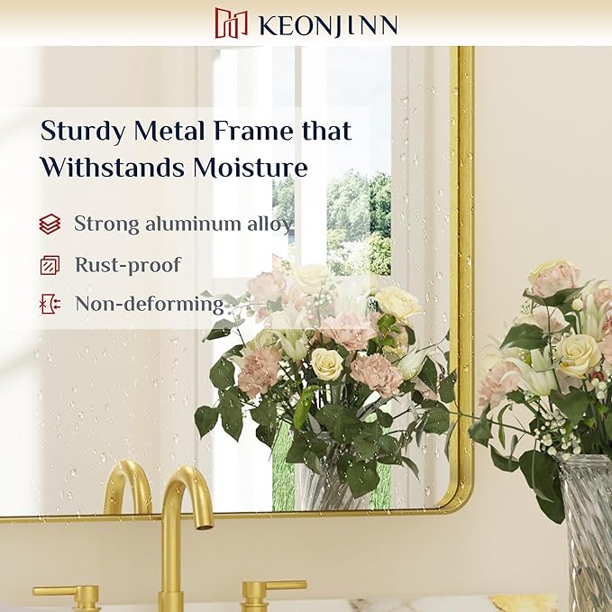 Keonjinn Gold Bathroom Vanity Mirror 48 x 36 Inch Large Rounded Rectangle Vanity Mirror, Brushed Brass Wall Mirror with HD Tempered Glass, Modern Decorative Gold Framed Mirror(Horizontal/Vertical)