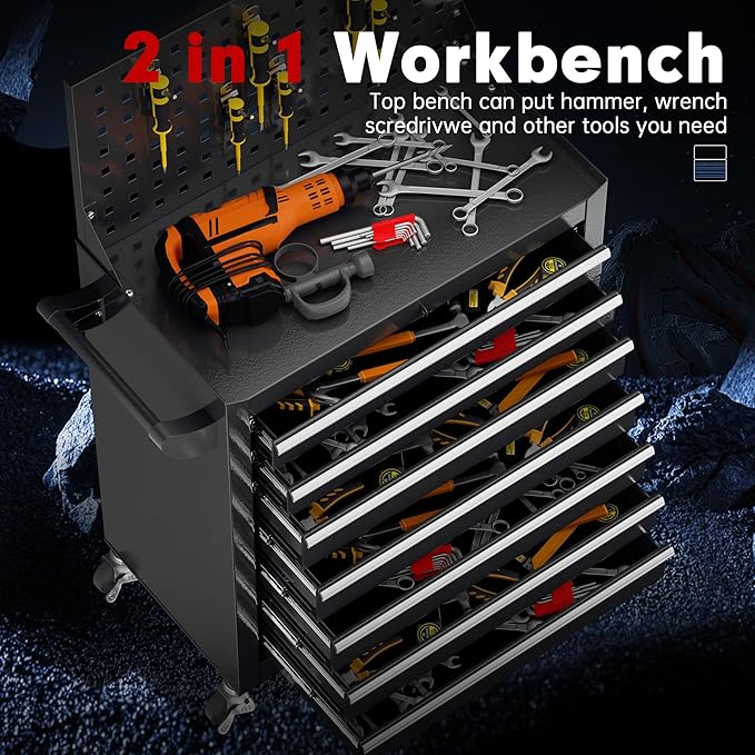 Superday Rolling Tool Chest, 7 Drawer Portable Tool Chest with Wheels, Tool Storage Cabinet with Lock for Garage, Steel Tool Cart with Pegboard & Hooks for Workshop, Warehouse (Black)