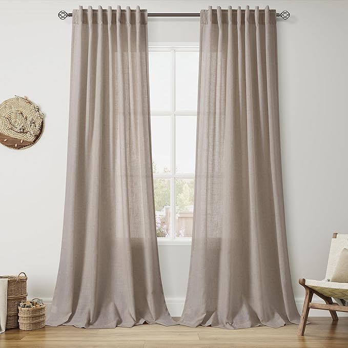 Nanspring Extra Long 120 Inch Curtains for Living Room Ecru Flax Linen Light Filtering Semi Sheer Curtain Back Tab Rustic Decor Boho Burlap Floor to Ceiling High Window for Bedroom 52x120, 2 Panels