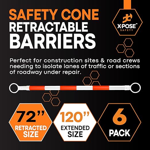 Retractable Barrier for Safety Traffic Cones - 2" OD - Large Yellow and Black Bar Barricade - for Road Construction, Parking, Warning, Temporary Security Divider (6, Orange & White, 72" x 120")