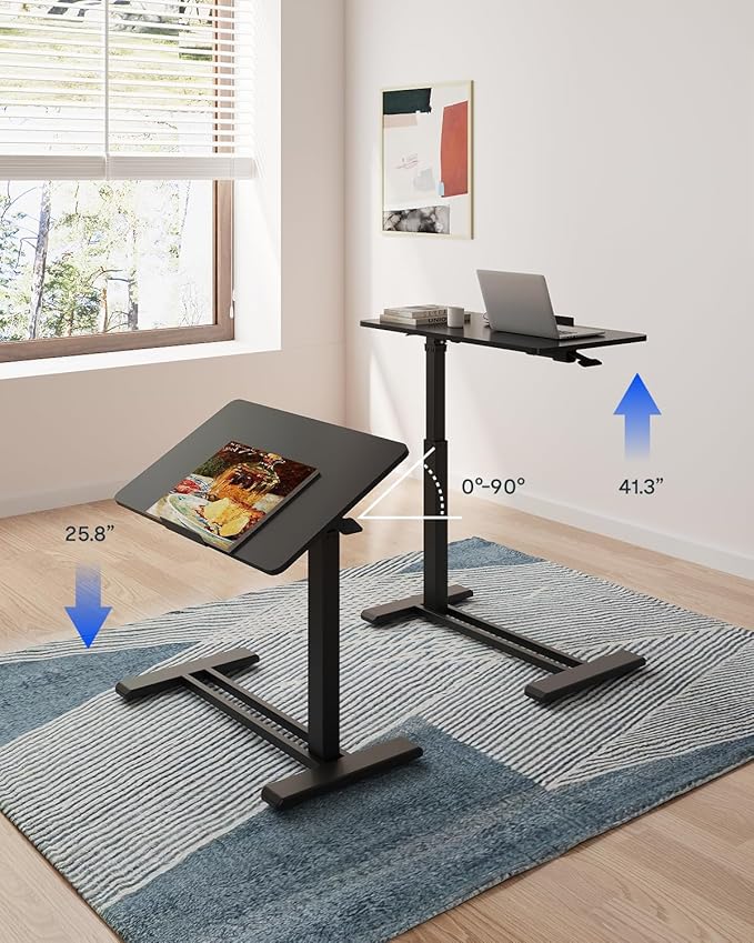 FLEXISPOT H7 PRO Mobile Standing Desk Adjustable Overbed Table Pneumatic with Wheels 90°Tiltable Portable Laptop Desk Rolling Computer Cart Foldable Bedside Table(27.6" W x 15.7" D, Black)