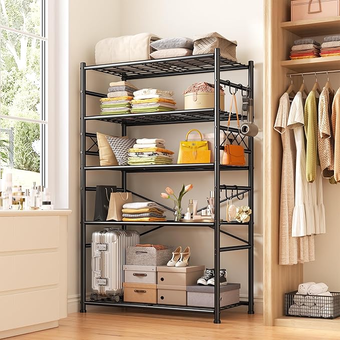 Storage Shelves 5-Tier Large Capacity Metal Shelving with Hooks, Heavy Duty Garage Shelving Unit with Leveling Feet, Stable Metal Shelves for Pantry, Kitchen and Closet, 72" H x 36" W x 12" D, Black