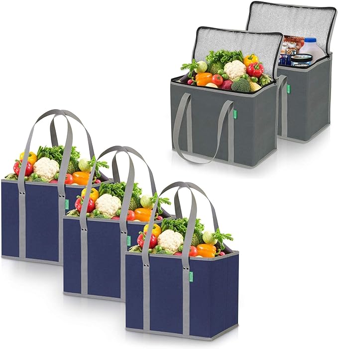 Creative Green Life Ultimate Shopping Bag 5-Pack – Reusable Grocery Box Bags (3) – Insulated Grocery Bags (2) – Premium Quality, Heavy Duty Tote Bag Set