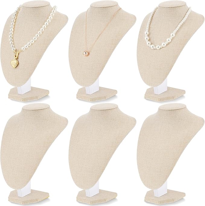 6 Pcs Necklace Display Stand Necklace Holder Jewelry Bust Display Stands for Selling Home Store Trade Shows Photography Props Retail(Flaxen,Linen)