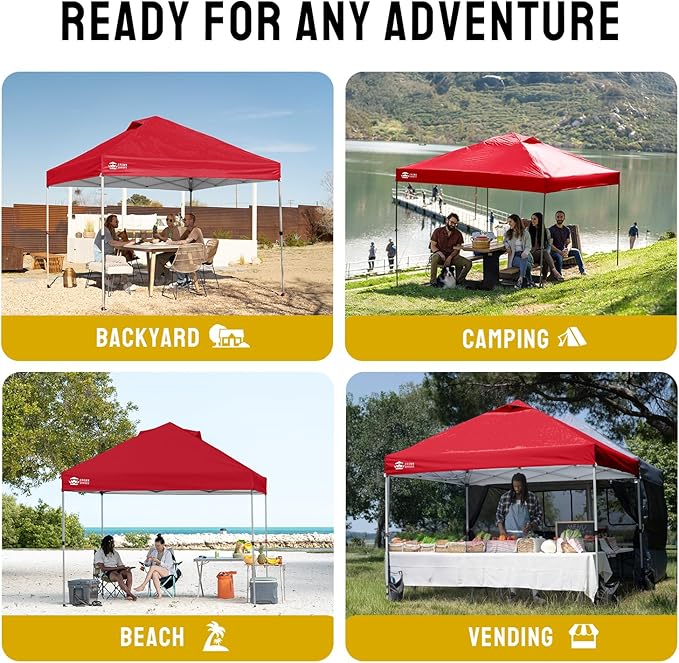 CROWN SHADES 10x10 Pop Up Canopy - Beach Tent with One Push Setup - Easy Outdoor Sun Shade for Events, Parties, Camping - Gazebo with STO-N-Go Cover Bag, Silver Coated Top, Red