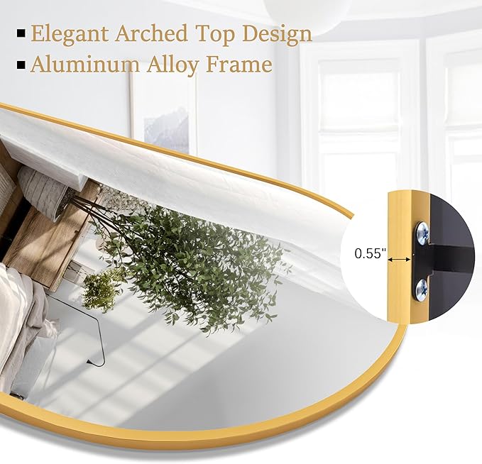 Full Length Mirror Arched Floor Length Mirrors, 71"x26" Large Full Body & with Stand&Arch Wall Mounted &Standing Mirror for Bedroom Living Room, Aluminum Frame, Gold