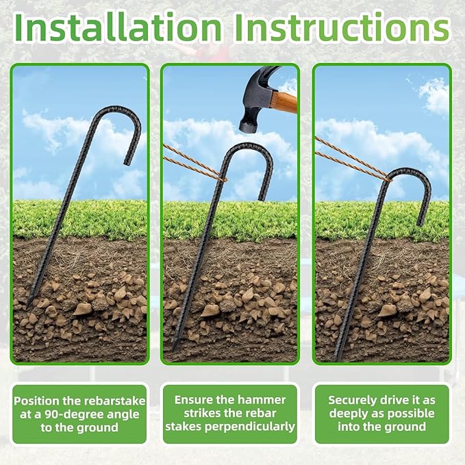 Black Rebar Stakes 12 inch (10pcs) - Heavy Duty 6mm Metal J Hook Ground Stakes,Galvanized Steel for Tent,Bounce House,Fence,Dog Coop,Artificial Turf,Outdoor Plants,Christmas & Holiday Decorations